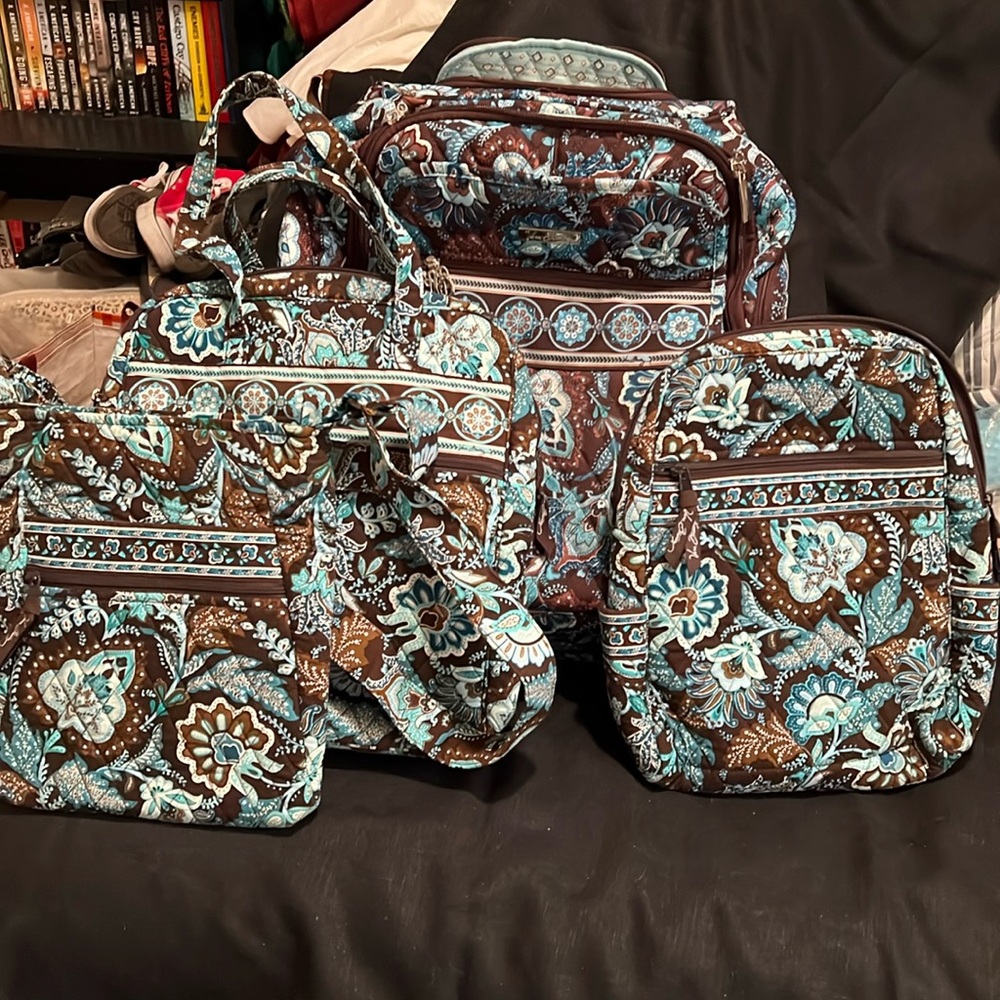 Rolling luggage, backpack, tote and hipster set in Vera Bradley Java blue.